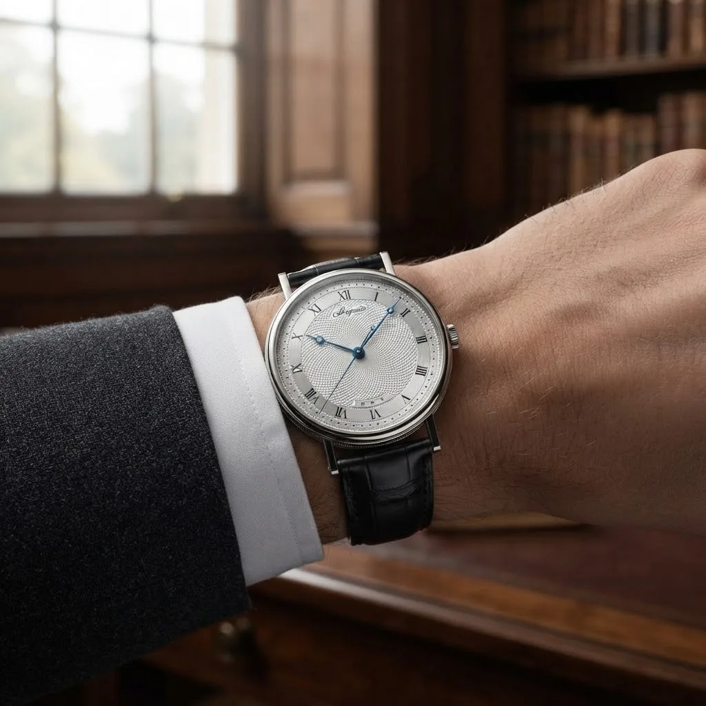 Illustrative render — buying it on amazon of the Breguet Classique Ultra Slim 5157BB/11/9V6 (18k white gold, silvered guilloche dial, black alligator strap)