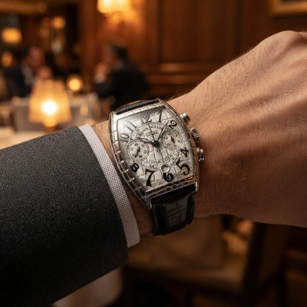 Illustrative render — buying it on amazon of the Franck Muller Cintree Curvex Iron Croc chronograph 7880 CC (steel, crocodile-relief case)