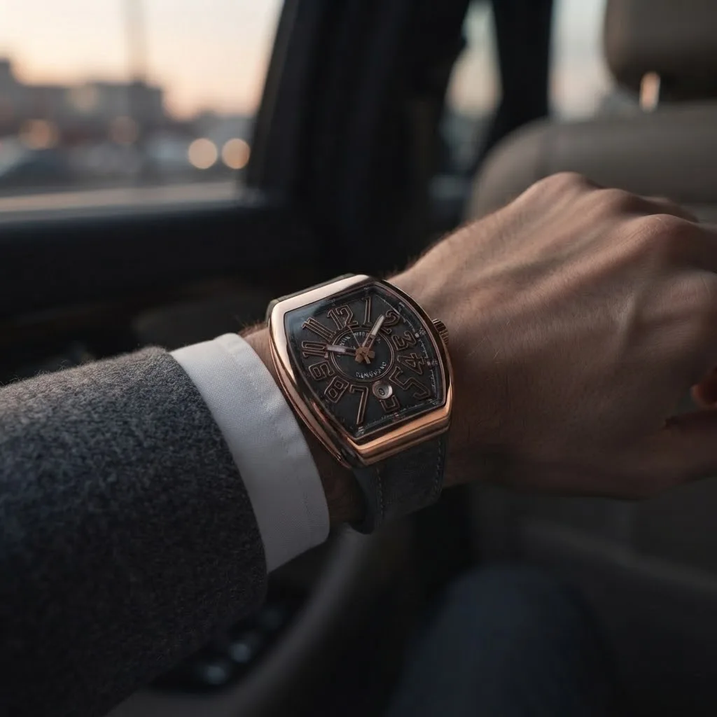 Illustrative render — buying it on amazon of the Franck Muller Vanguard V 45 SC DT 5N TT (18k rose gold with titanium trim, grey dial, grey strap)
