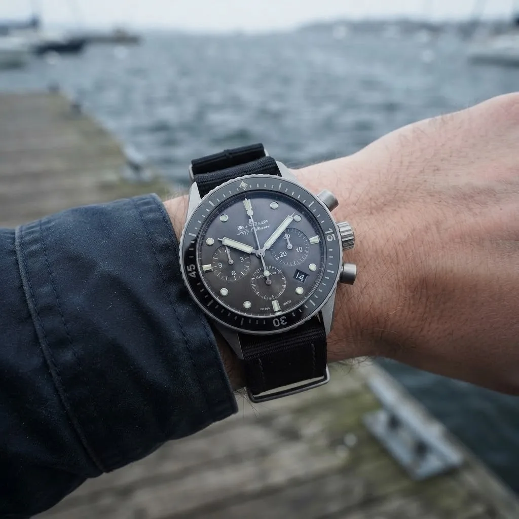 Illustrative render — buying it on amazon of the Blancpain Fifty Fathoms Bathyscaphe Chronographe Flyback 5200-1110-NABA (steel, meteor grey dial, NATO strap)