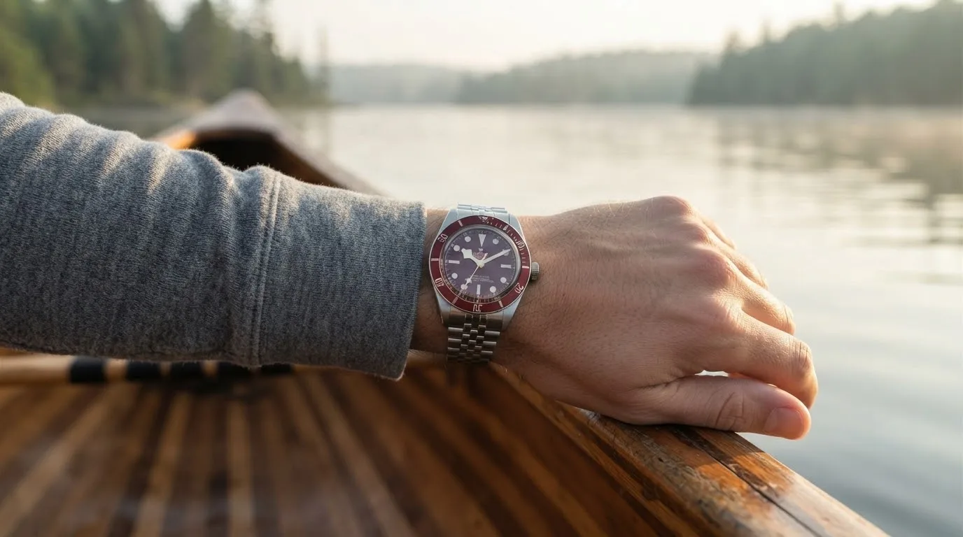 Illustrative render — buying it on amazon of the Tudor Black Bay 58 39mm M7939A1A0RU-0001 (steel, burgundy bezel and dial, 5-link steel bracelet, 2025 generation)