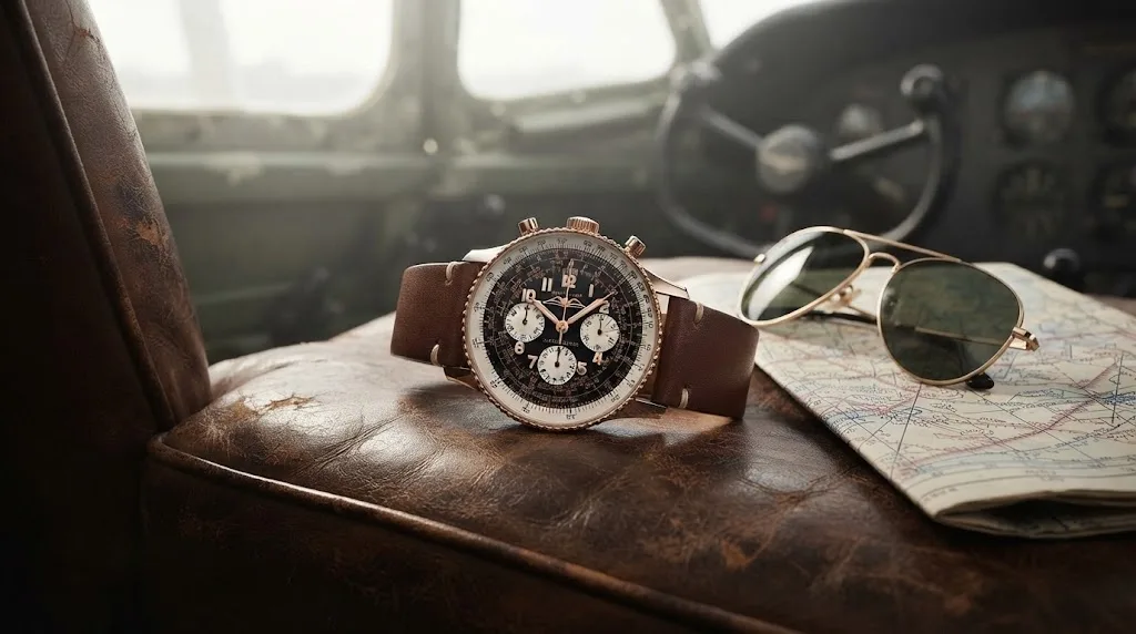 Illustrative render — buying it new on amazon of the Breitling Navitimer 1959 Edition (18k red gold, 159 pieces)