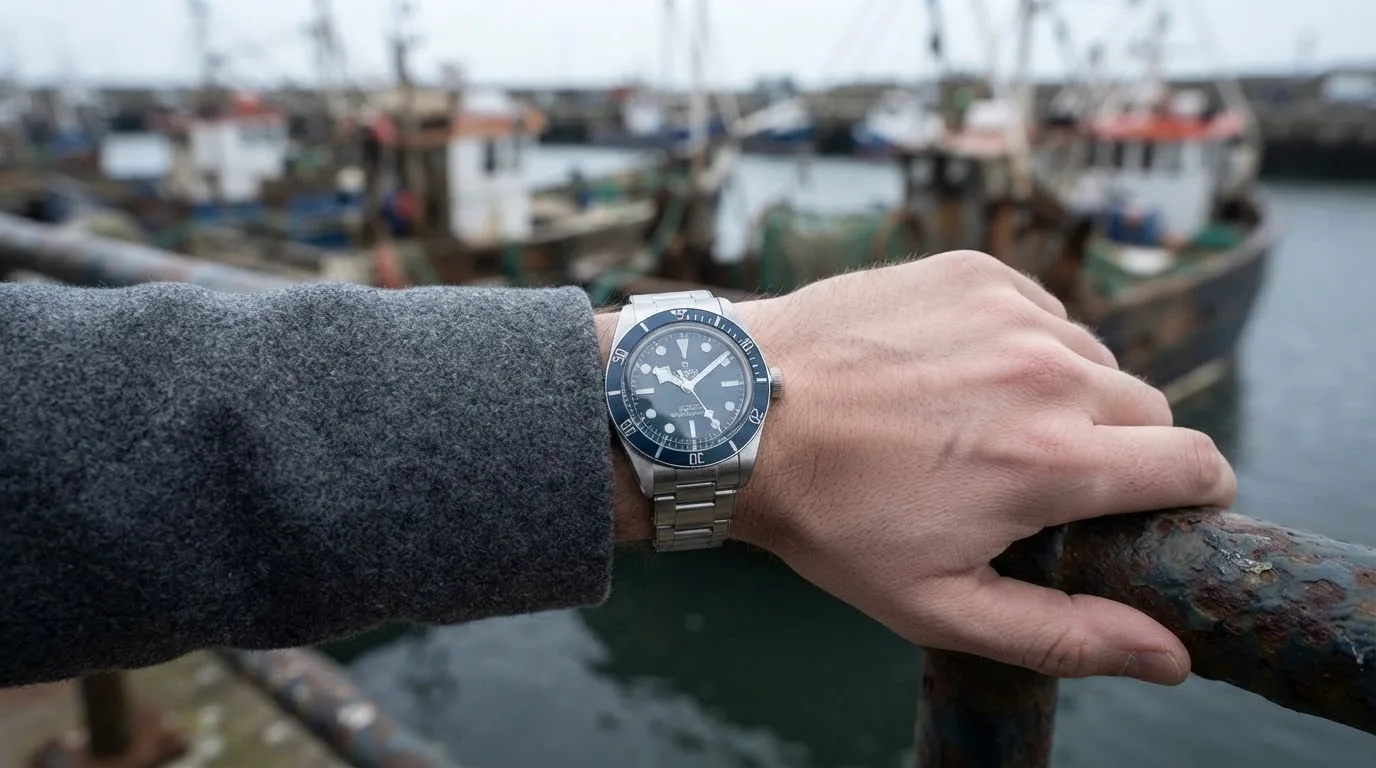 Illustrative render — buying it on amazon of the Tudor Black Bay 68 43mm M7943A1A0NU-0001 (steel, black bezel, sun-brushed blue dial, steel bracelet)