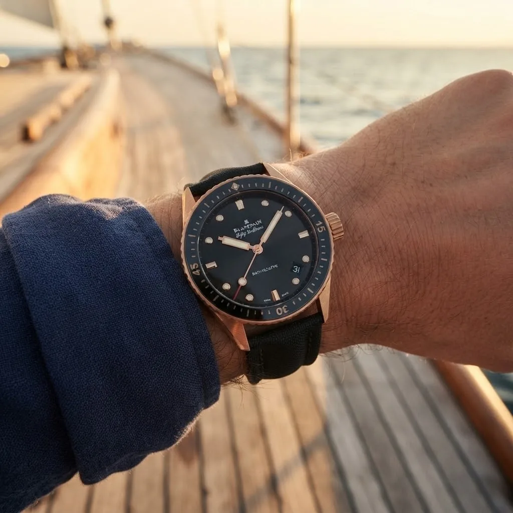 Illustrative render — buying it on amazon of the Blancpain Fifty Fathoms Bathyscaphe 5000-36S30-B52A (18k red gold, black ceramic bezel, sail-canvas strap)