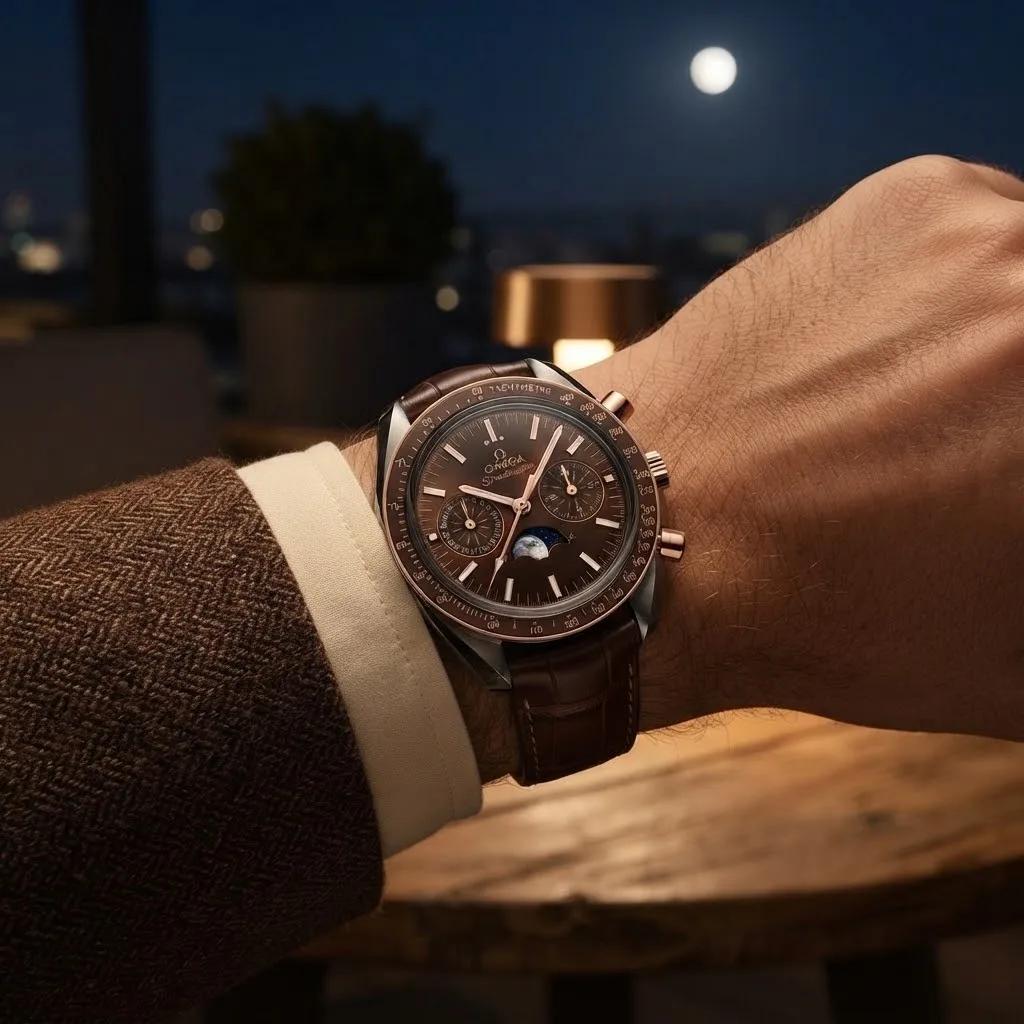 Illustrative render — buying it on amazon of the Omega Speedmaster Moonphase Co-Axial Master Chronometer 304.23.44.52.13.001 (steel and Sedna gold, brown dial, alligator strap)