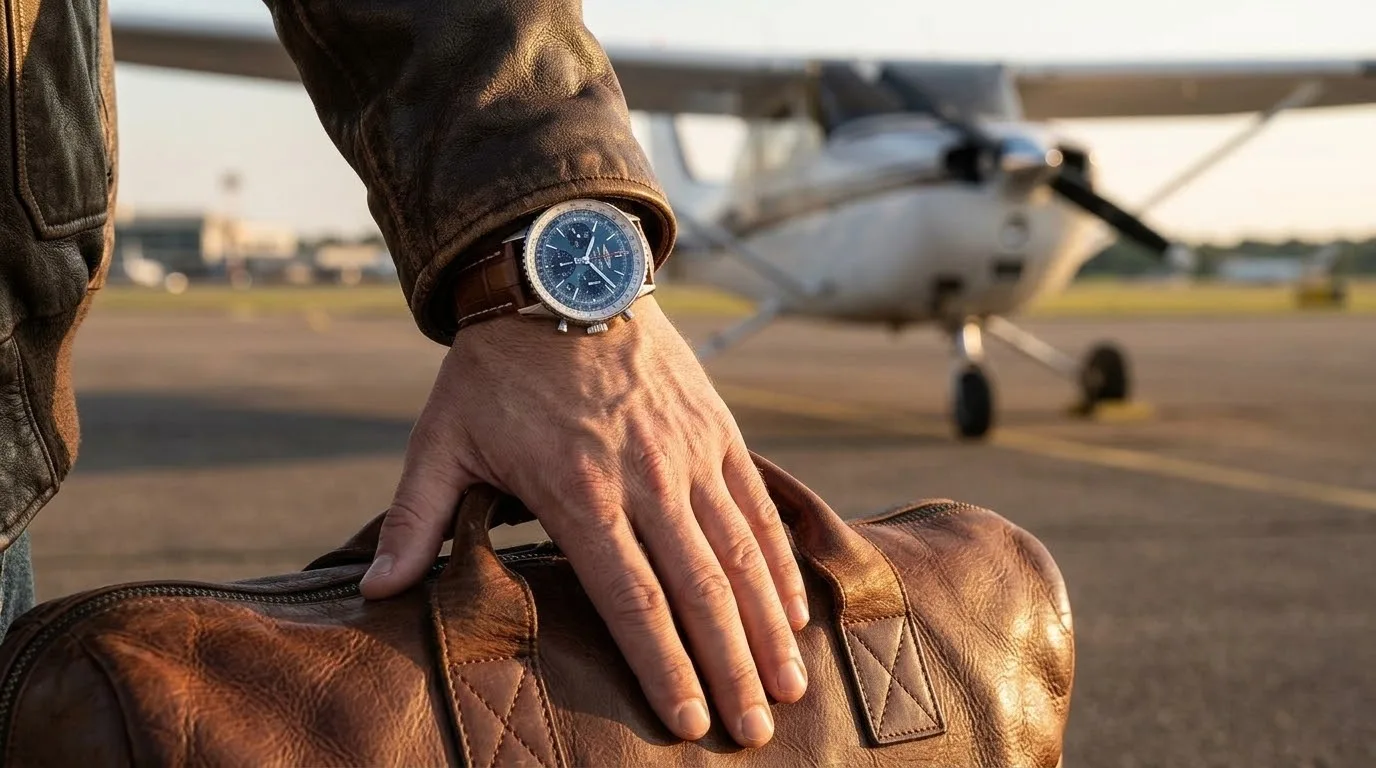 Illustrative render — buying it on amazon of the Breitling Navitimer B01 Chronograph 43 AB0121211C1P2 (steel, blue dial, brown alligator strap)