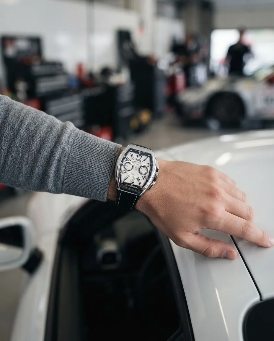 Illustrative render — buying it on amazon of the Franck Muller Vanguard Racing V 45 CC DT chronograph (steel, white dial, black flange, black leather-insert rubber strap)
