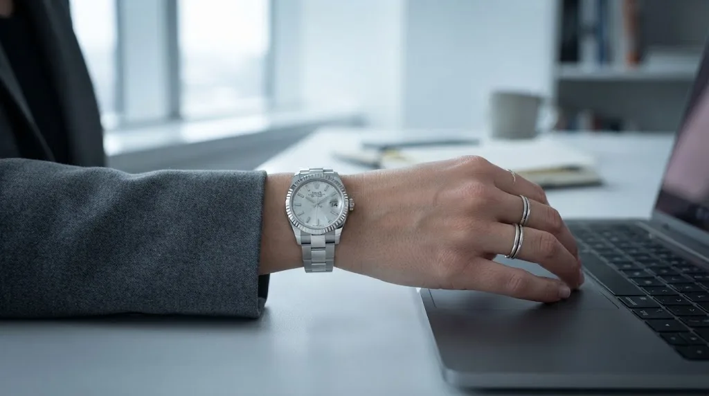 Illustrative render — buying it on amazon of the Rolex Lady-Datejust 26 (steel, white gold fluted bezel, silver dial, Oyster bracelet, graded Good, no accessories, pre-owned)