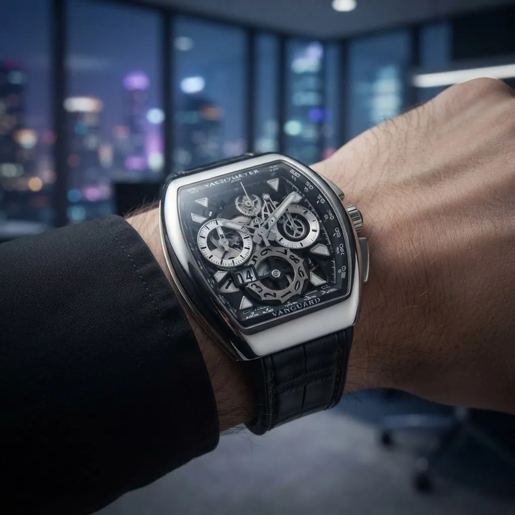 Illustrative render — buying it on amazon of the Franck Muller Vanguard Grande Date chronograph V 45 CC GD SQT (steel, skeleton dial, black alligator strap)