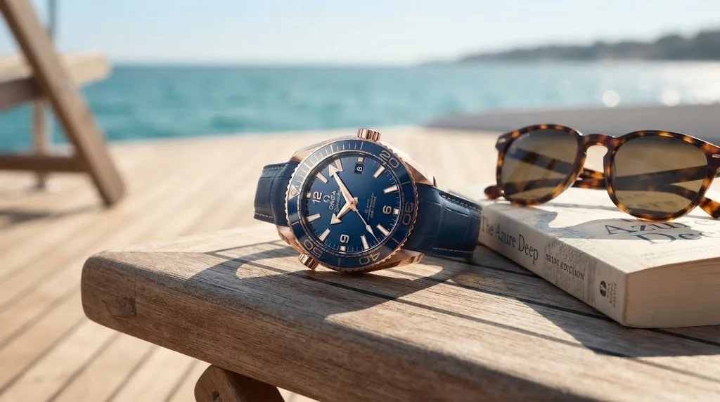 Illustrative render — buying it new on amazon of the Omega Seamaster Planet Ocean 600M 43.5mm (Sedna gold, blue ceramic)