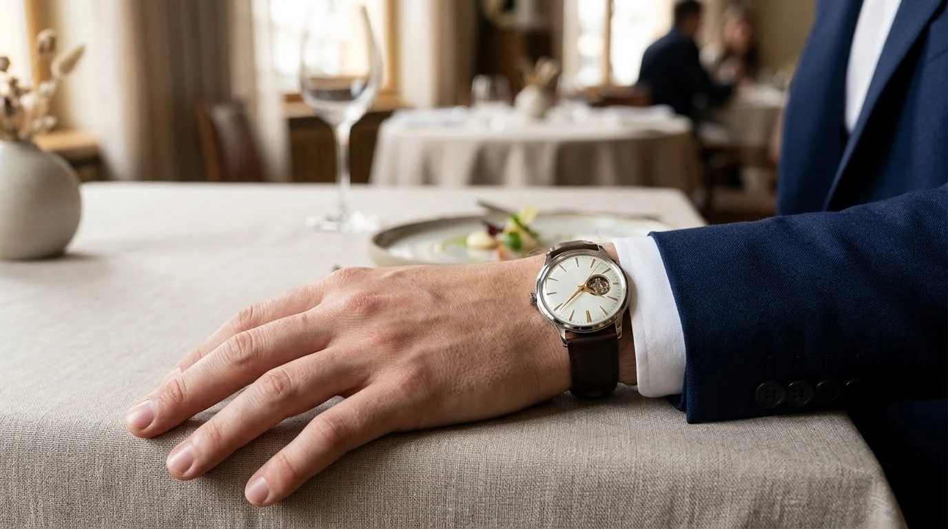 Illustrative render — forty and a half by twelve of the Orient Bambino Open Heart