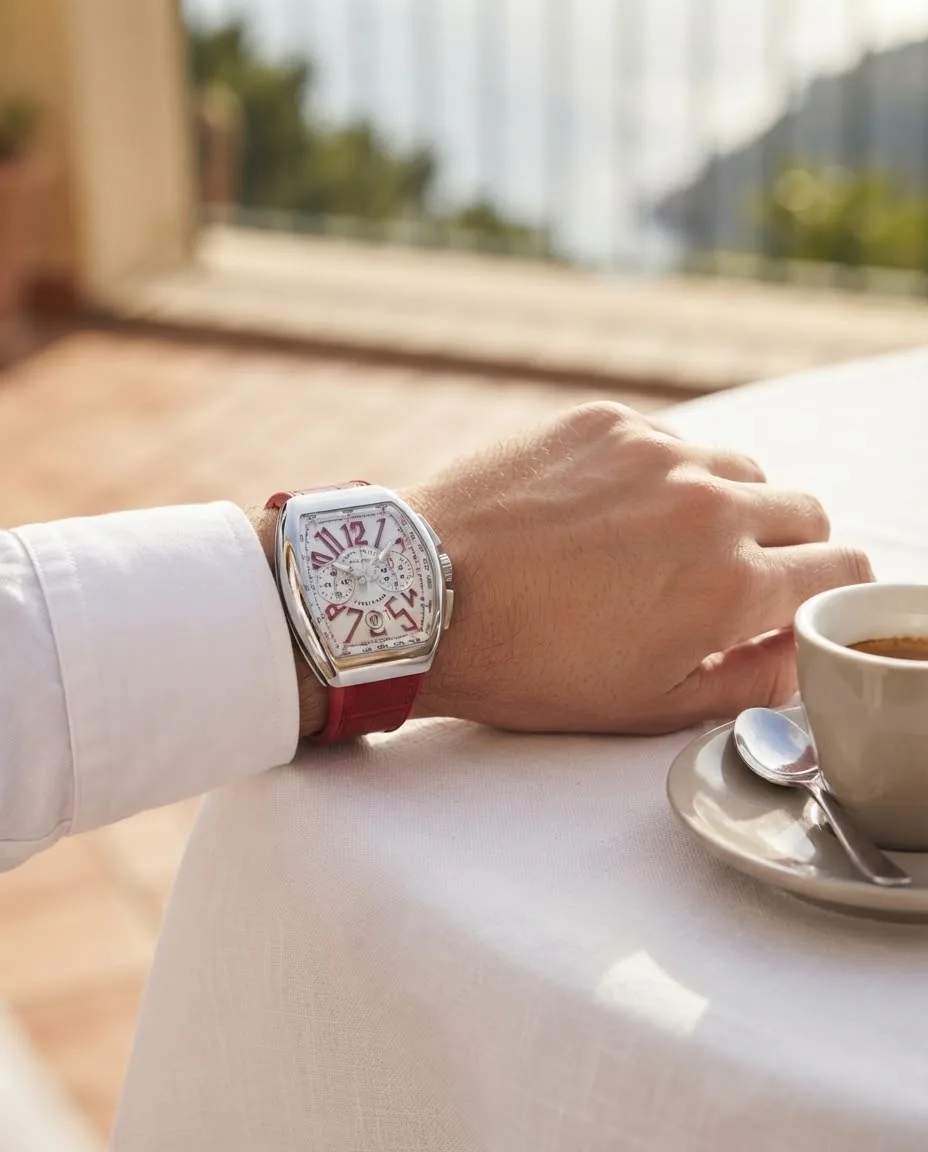 Illustrative render — buying it on amazon of the Franck Muller Vanguard V 45 CC DT chronograph (steel, white dial, red numerals, red alligator-grain leather-insert strap)