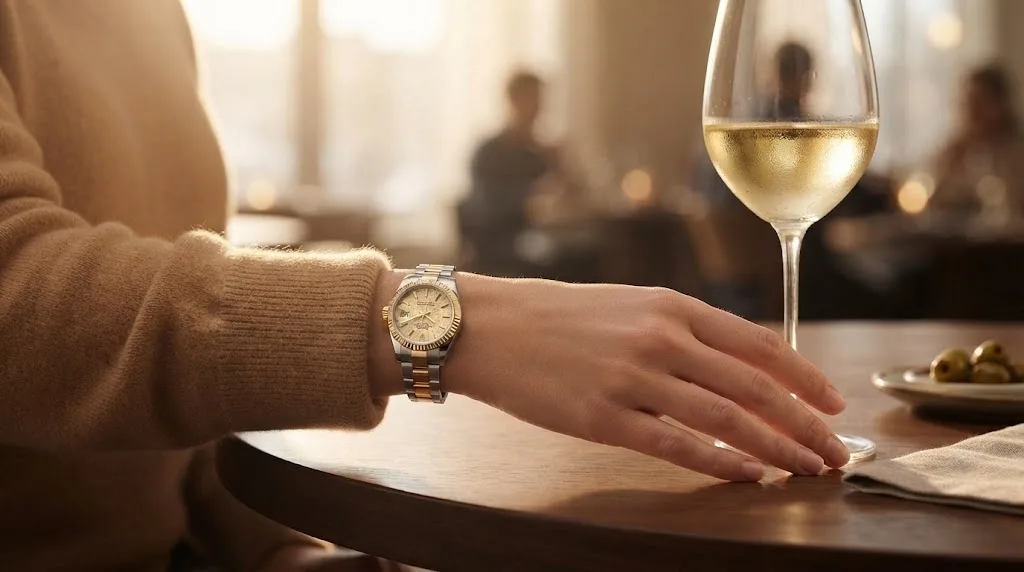 Illustrative render — buying it on amazon of the Rolex Lady-Datejust 26 ref. 69173 (steel and 18k yellow gold, champagne tapestry dial, fluted bezel, Oyster bracelet, pre-owned)