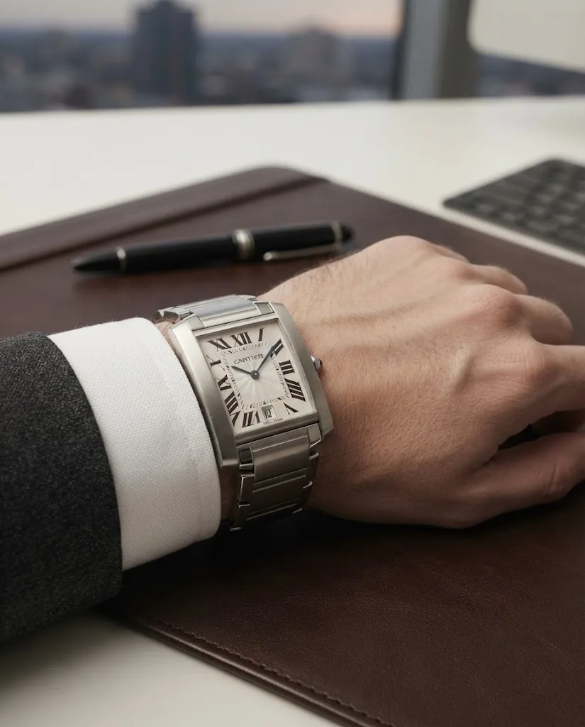 Illustrative render — buying it pre-owned on amazon of the Cartier Tank Francaise large automatic (steel, silver dial, date, steel bracelet)