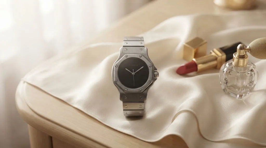 Illustrative render — buying it pre-owned on amazon of the Cartier Santos Octagon (steel, black dial)
