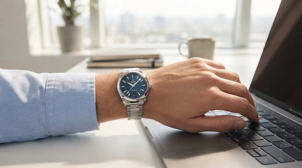 Illustrative render — buying it on amazon of the Omega Seamaster Aqua Terra 150M Co-Axial Master Chronometer 41mm 220.10.41.21.03.001 (steel, blue teak dial, steel bracelet)