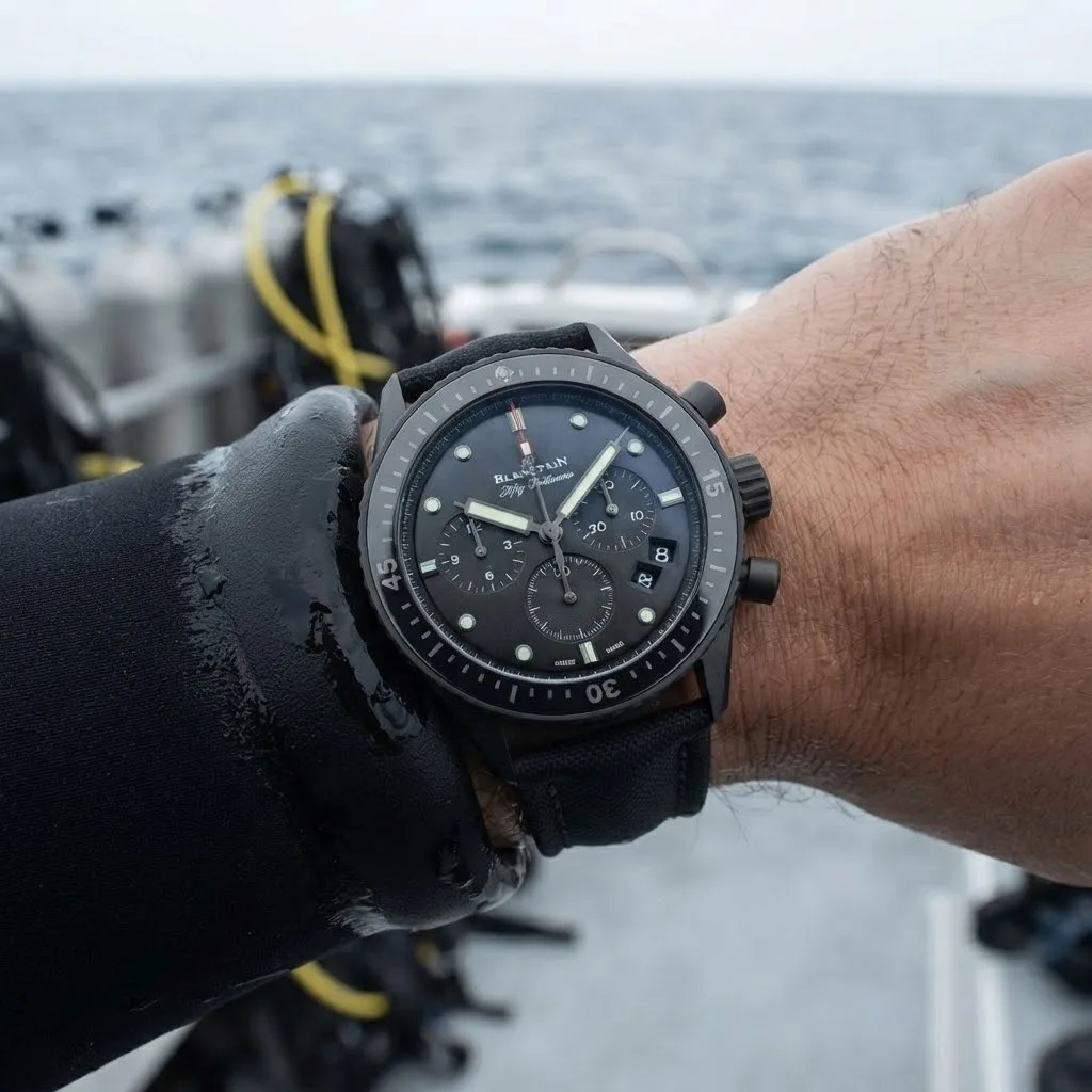Illustrative render — buying it on amazon of the Blancpain Fifty Fathoms Bathyscaphe Chronographe Flyback 5200-0130-B52A (black ceramic, sail-canvas strap)