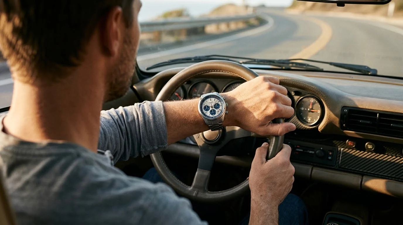 Illustrative render — reading a tachymeter of the Seiko Chronograph SSB427 "Blue Panda"