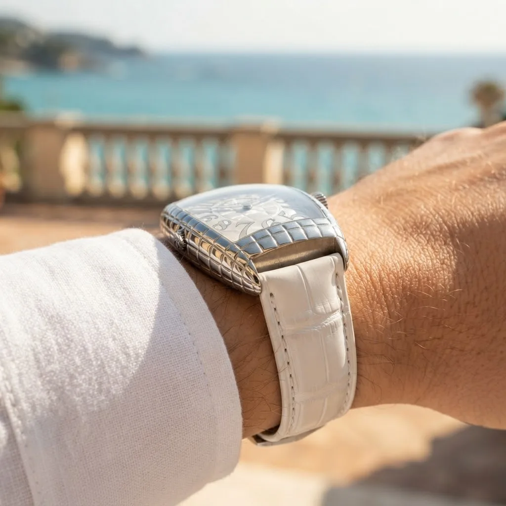 Illustrative render — buying it on amazon of the Franck Muller Casablanca Crazy Hours Iron Croco 8880 CH IRON CRO (steel, crocodile-relief case and dial, white alligator strap)