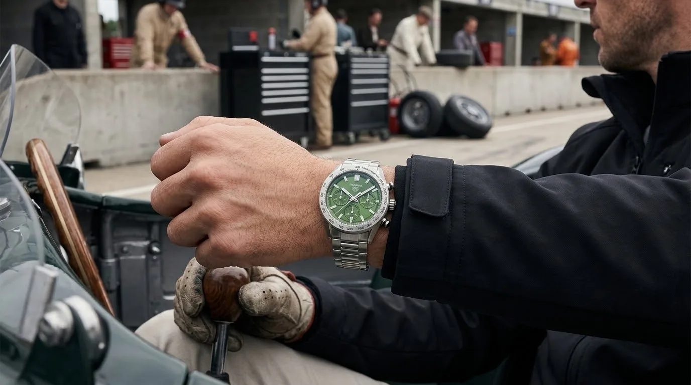 Illustrative render — buying it on amazon of the TAG Heuer Carrera Chronograph 44mm CBN2A10.BA0643 (steel, green dial, steel bracelet, Calibre Heuer 02)