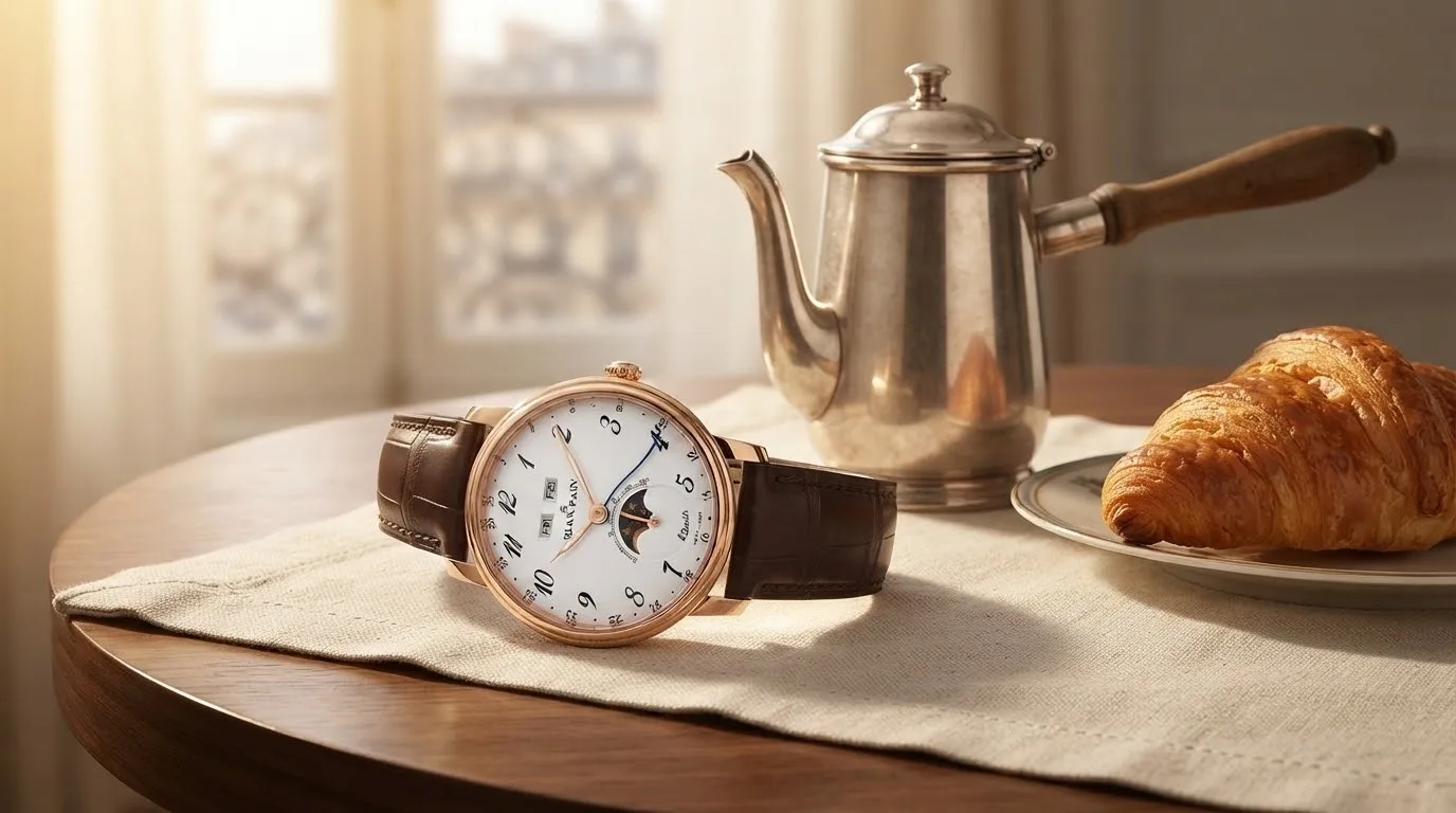 Illustrative render — buying it new on amazon of the Blancpain Villeret Quantième Complet 8 Jours (red gold, enamel dial)