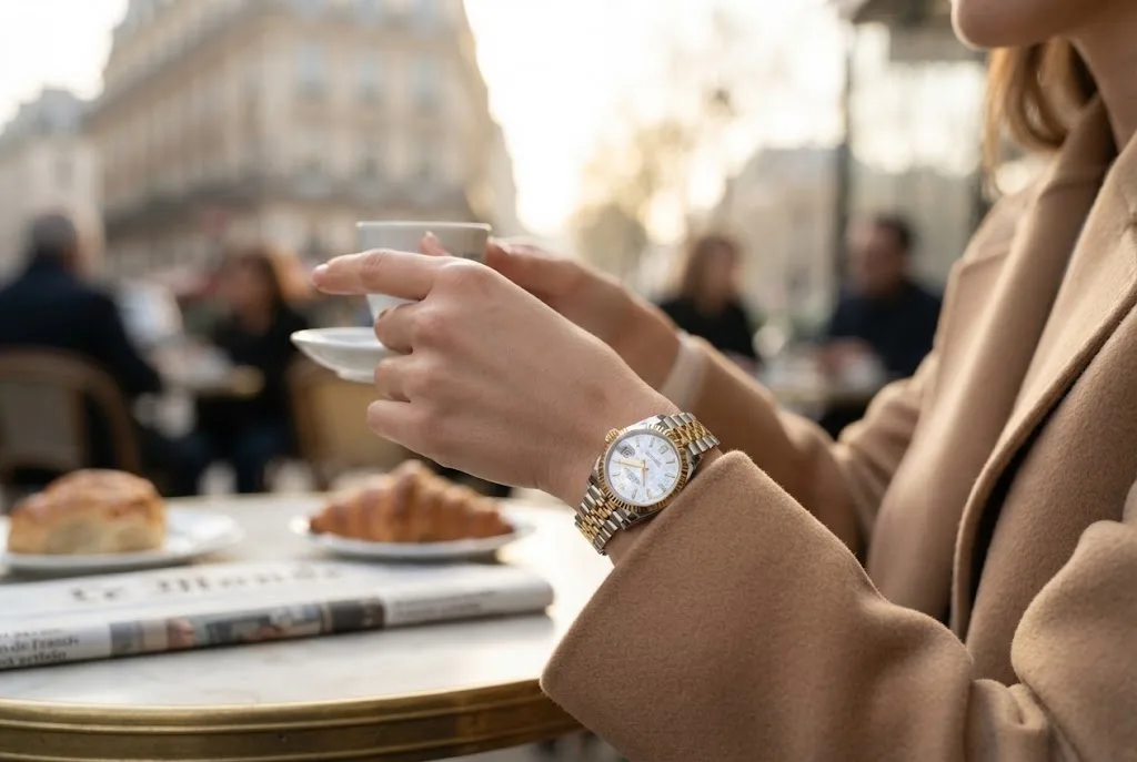 Illustrative render — buying it pre-owned on amazon of the Rolex Lady-Datejust 26 79173 (two-tone, cacholong dial with diamond 6 and 9, box and papers)