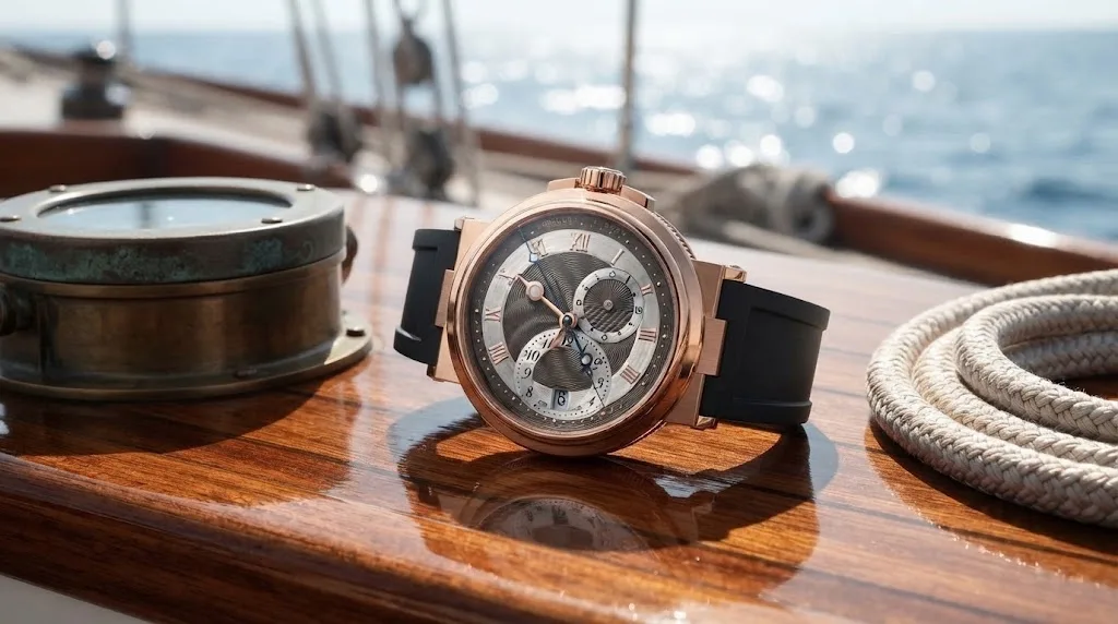 Illustrative render — buying it new on amazon of the Breguet Marine Dual Time 5857 (18k rose gold, rubber)