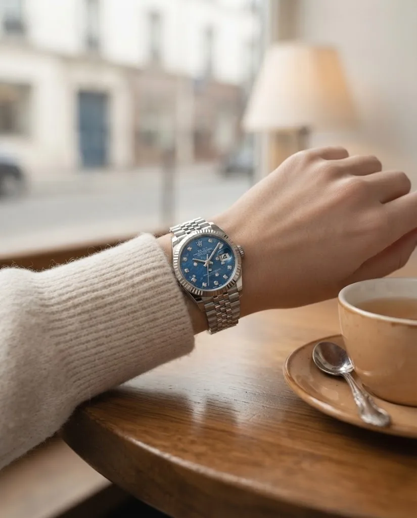 Illustrative render — buying it pre-owned on amazon of the Rolex Datejust 31 278274 (steel, white gold fluted bezel, blue floral dial, Jubilee)