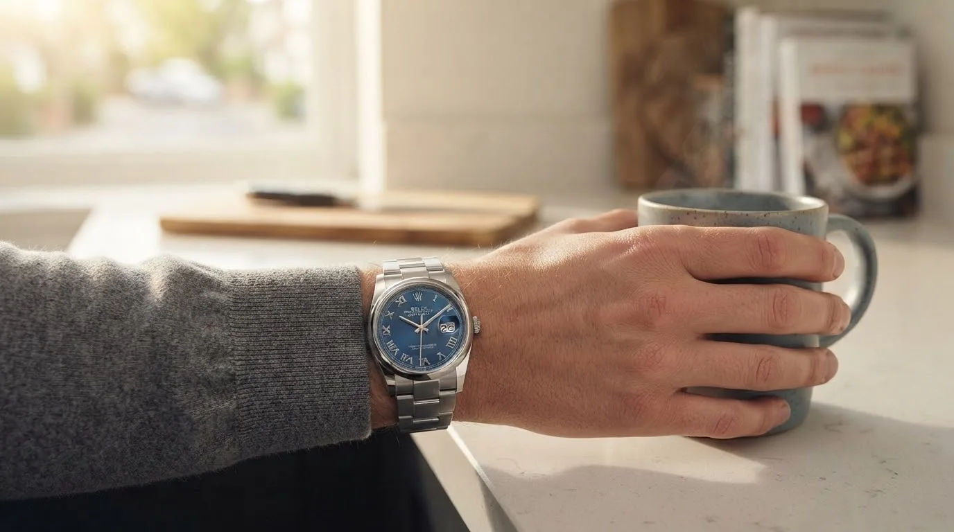 Illustrative render — buying it on amazon of the Rolex Datejust 36 (steel, blue Roman dial, smooth bezel, Oyster bracelet, service record and box, pre-owned)