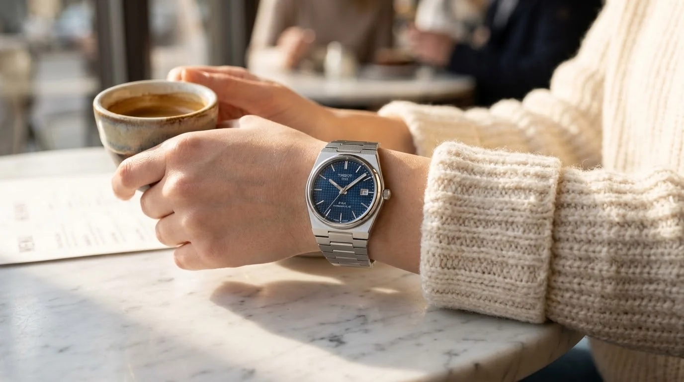 Illustrative render — the waffle dial of the Tissot PRX Powermatic 80 35mm