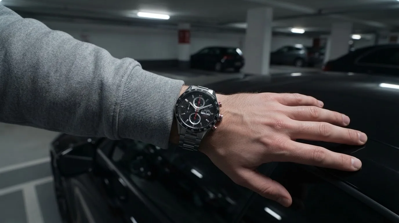 Illustrative render — buying it on amazon of the TAG Heuer Carrera Chronograph 44mm CBN2A1AA.BA0643 (steel, black dial, ceramic bezel, day-date, steel bracelet, Calibre 16)