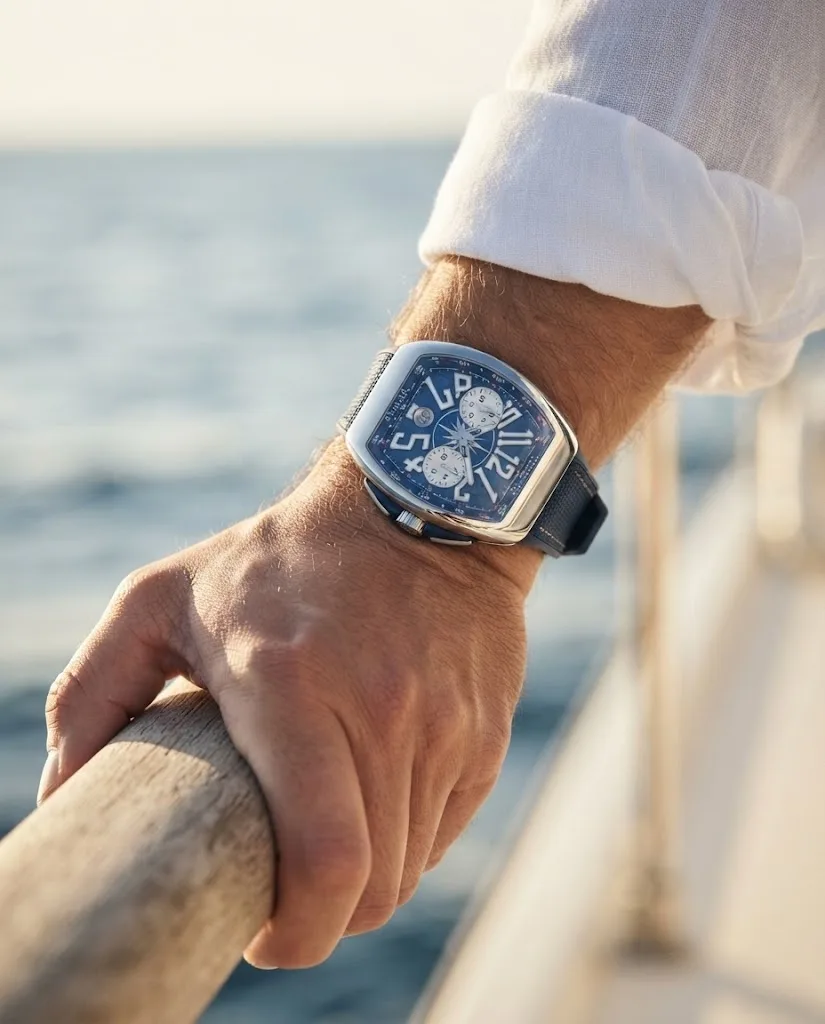 Illustrative render — buying it on amazon of the Franck Muller Vanguard Yachting V 45 CC DT AC.BL chronograph (polished steel, blue compass dial, blue rubber strap with textured top)