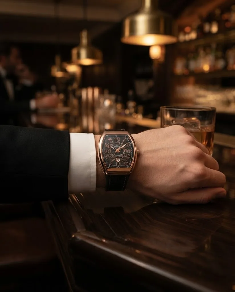 Illustrative render — buying it on amazon of the Franck Muller Vanguard V 45 SC DT 5N NR (18k rose gold, black guilloche dial, black leather-top rubber strap)