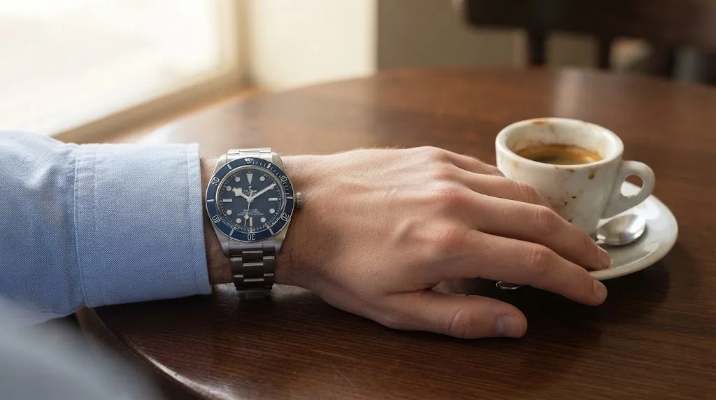Illustrative render — buying it on amazon of the Tudor Black Bay Fifty-Eight 39mm M79030B-0001 (steel, navy blue bezel and dial, riveted steel bracelet)