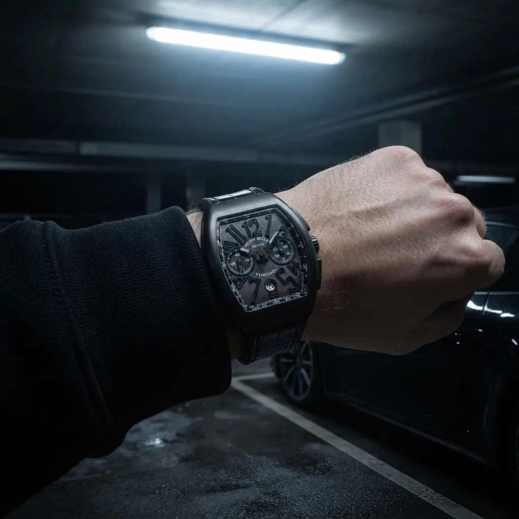 Illustrative render — buying it on amazon of the Franck Muller Vanguard V 45 CC DT chronograph (black titanium, grey dial, black alligator strap)
