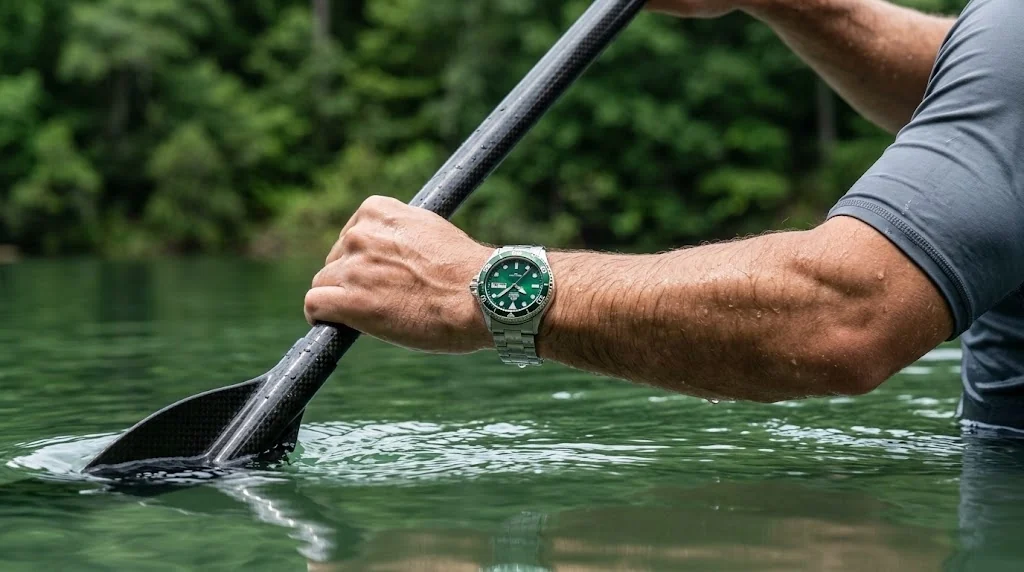 Illustrative render — strap or bracelet of the Orient Mako 40 Green