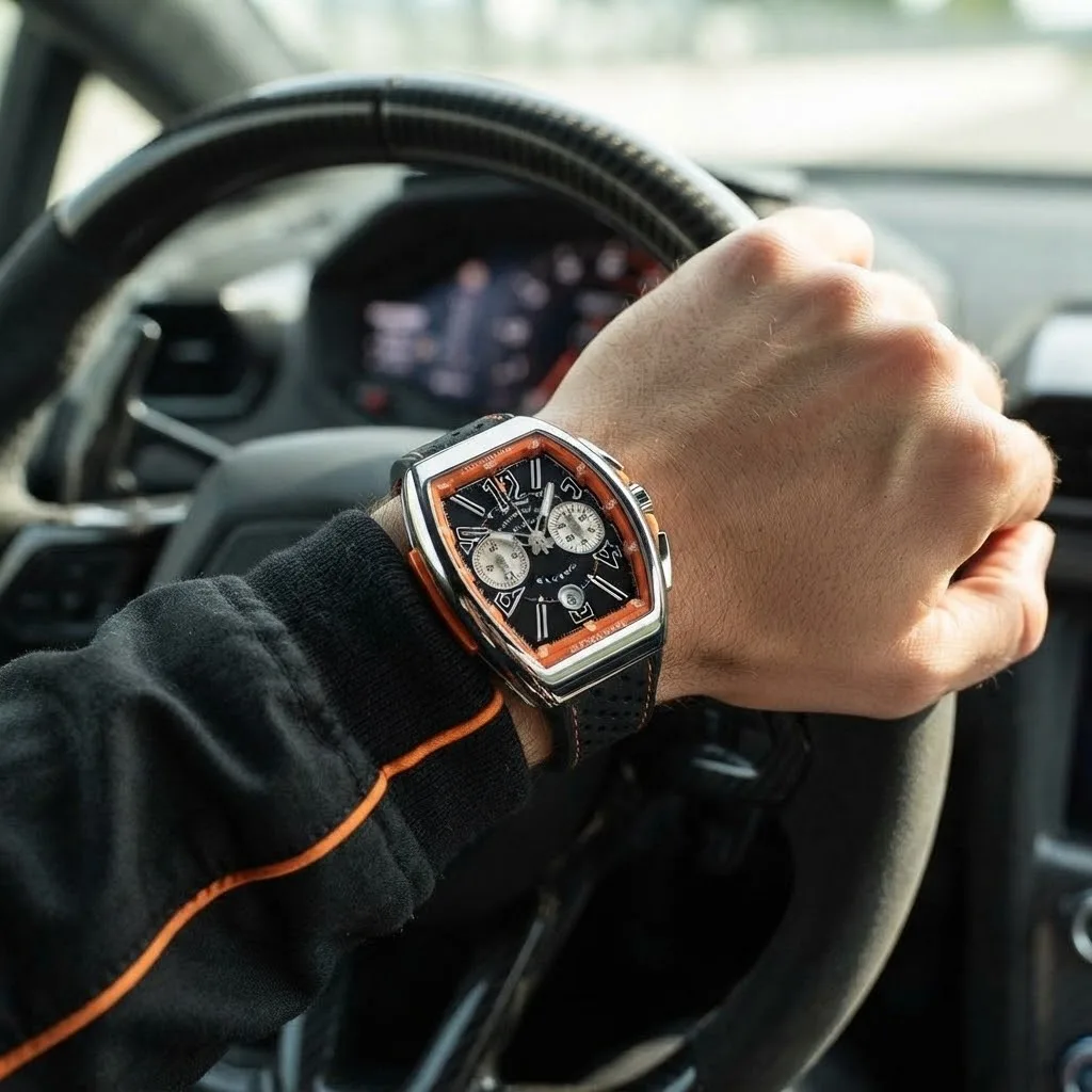 Illustrative render — buying it on amazon of the Franck Muller Vanguard Racing V 45 CC DT chronograph (steel, orange inner bezel, black dial, perforated strap)
