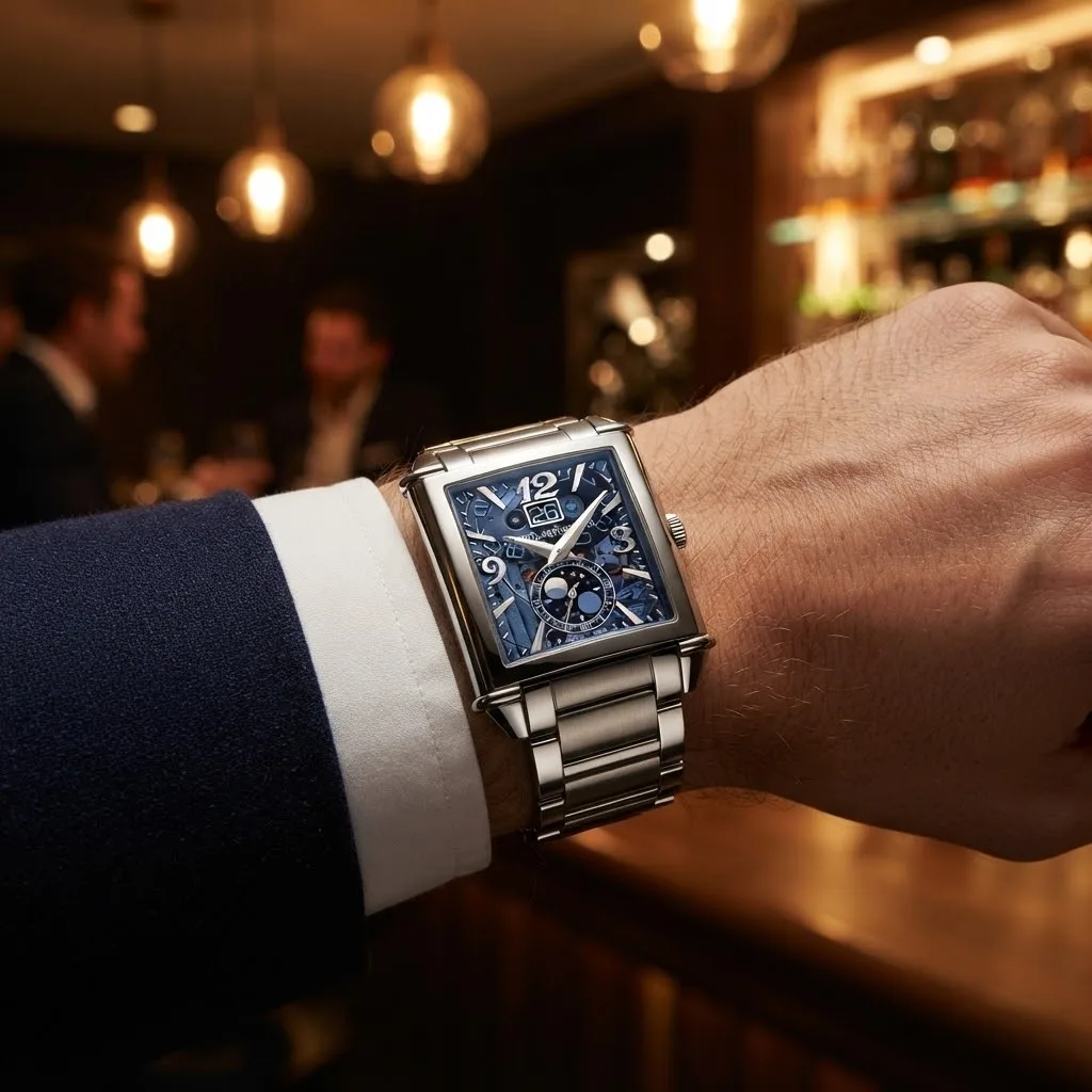 Illustrative render — buying it on amazon of the Girard-Perregaux Vintage 1945 XXL Large Date Moon Phases skeleton 25882-11-421 (steel, blue openworked dial, bracelet)