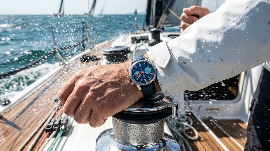 Illustrative render — buying it on amazon of the TAG Heuer Carrera Chronograph Skipper 39mm CBS2213.FN6002 (steel, blue dial with teal and orange counters, blue strap)