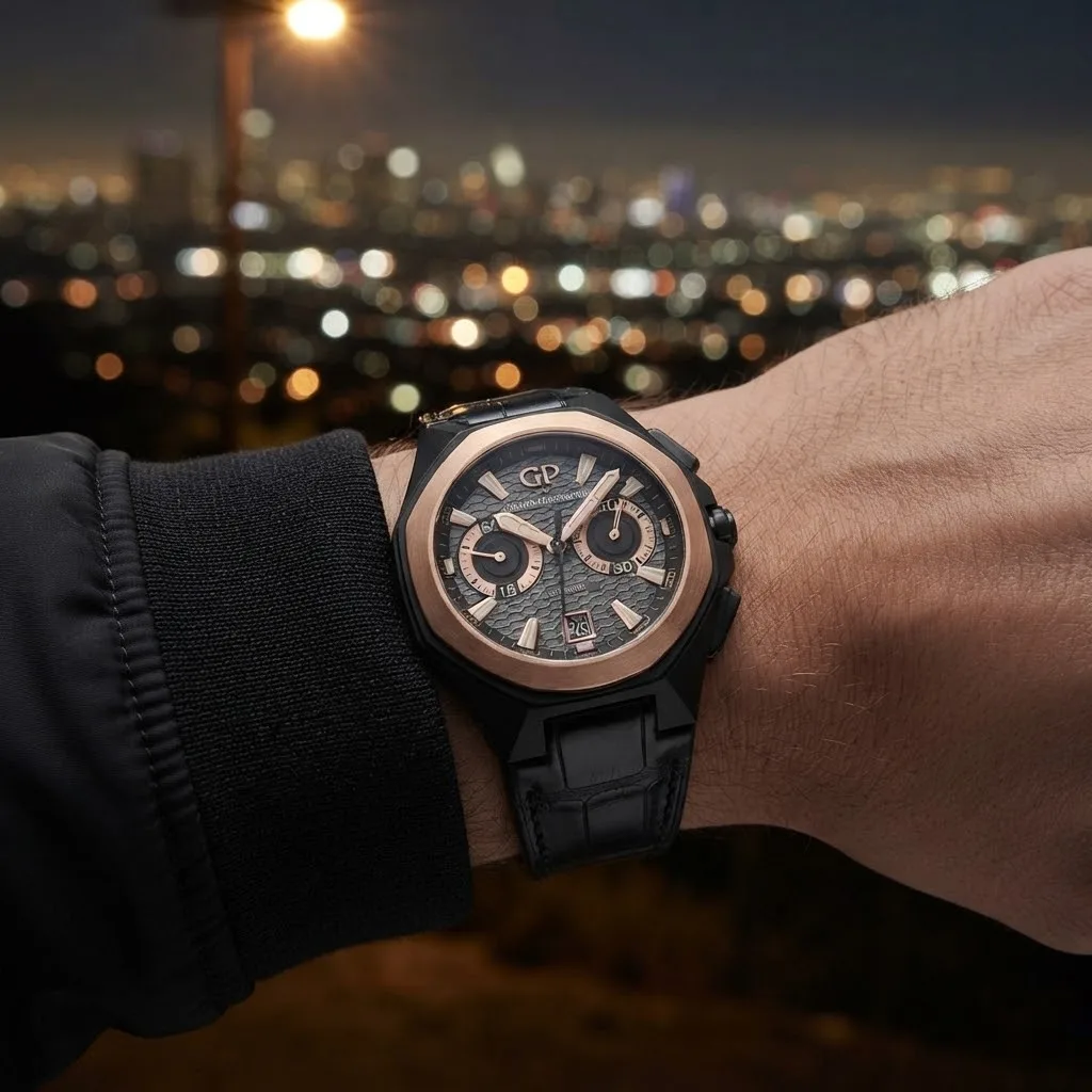Illustrative render — buying it on amazon of the Girard-Perregaux Chrono Hawk Hollywoodland 49970-34-232-BB6A (black DLC titanium, rose gold bezel, grey honeycomb dial)