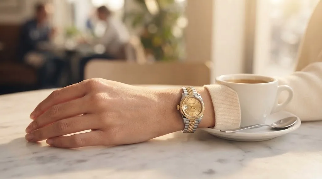Illustrative render — buying it on amazon of the Rolex Lady-Datejust 26 (steel and 18k yellow gold, champagne diamond dial, fluted bezel, Jubilee bracelet, box and dated card, pre-owned)