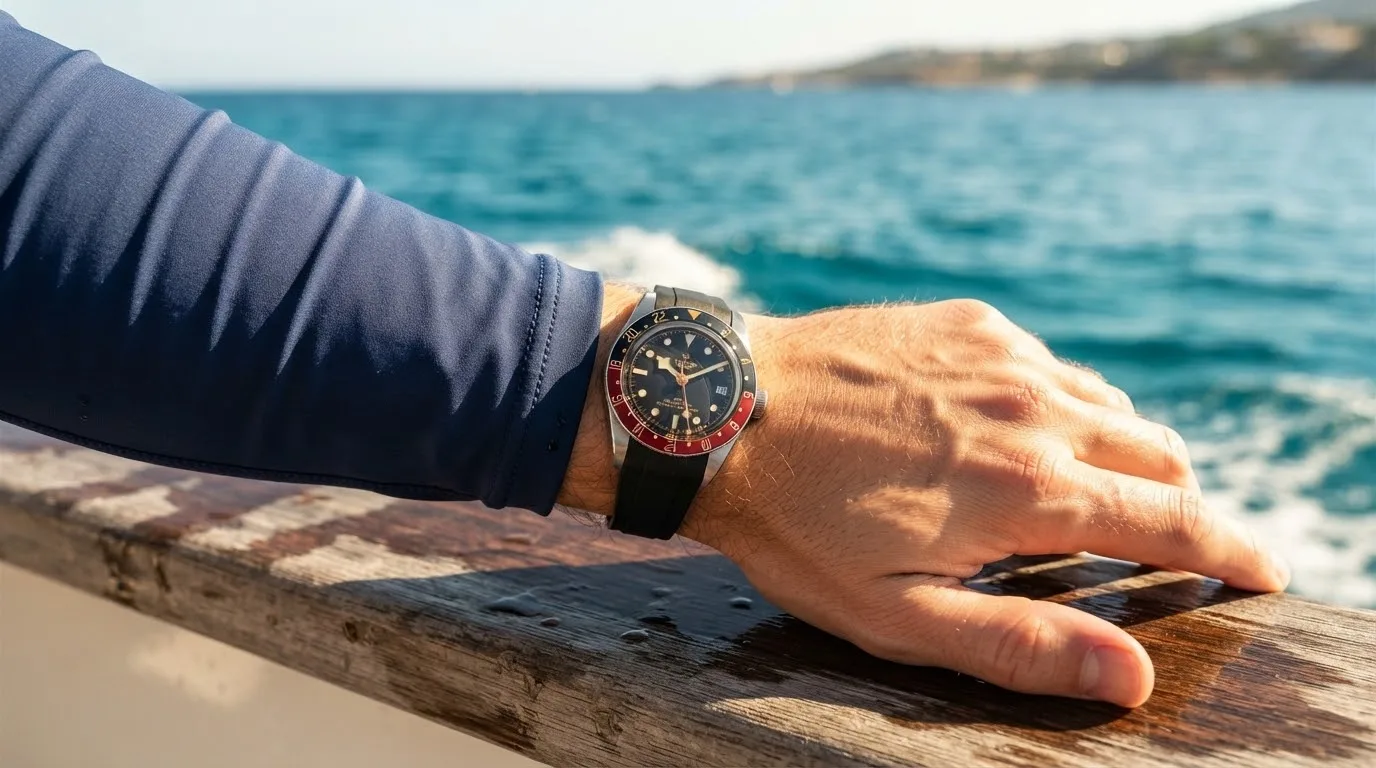 Illustrative render — buying it on amazon of the Tudor Black Bay 58 GMT 39mm M7939G1A0NRU-0002 (steel, black and burgundy 24-hour bezel, black gilt dial, rubber strap)