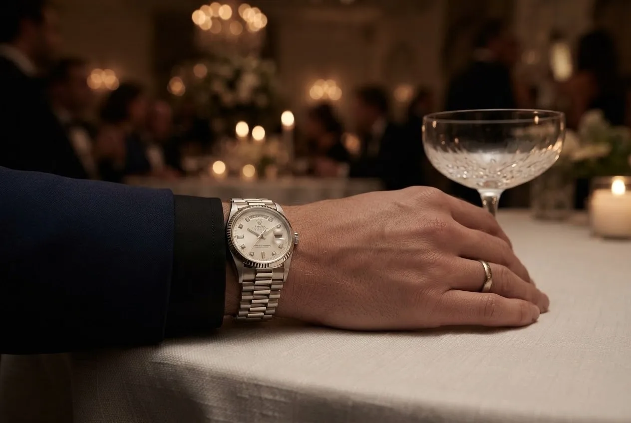 Illustrative render — buying it pre-owned on amazon of the Rolex Day-Date 1803 (18k white gold, diamond dial, President, about 1970)