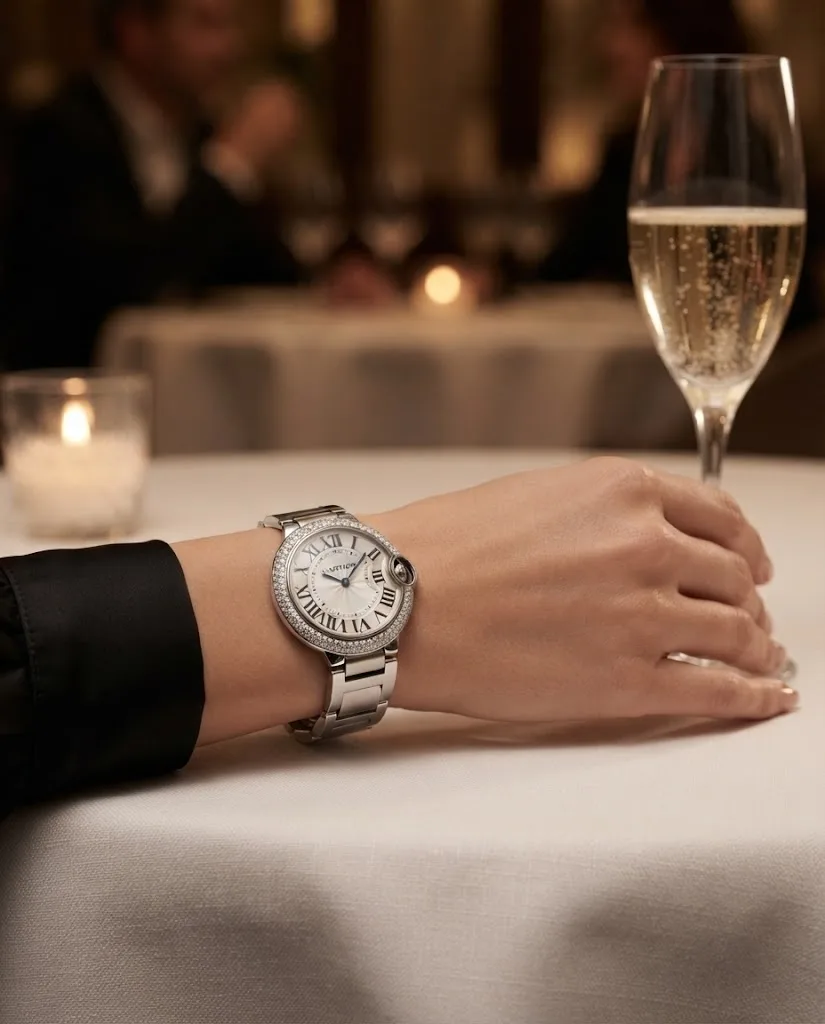Illustrative render — buying it pre-owned on amazon of the Cartier Ballon Bleu de Cartier 28mm quartz (steel, diamond-set bezel, silver dial, steel bracelet)