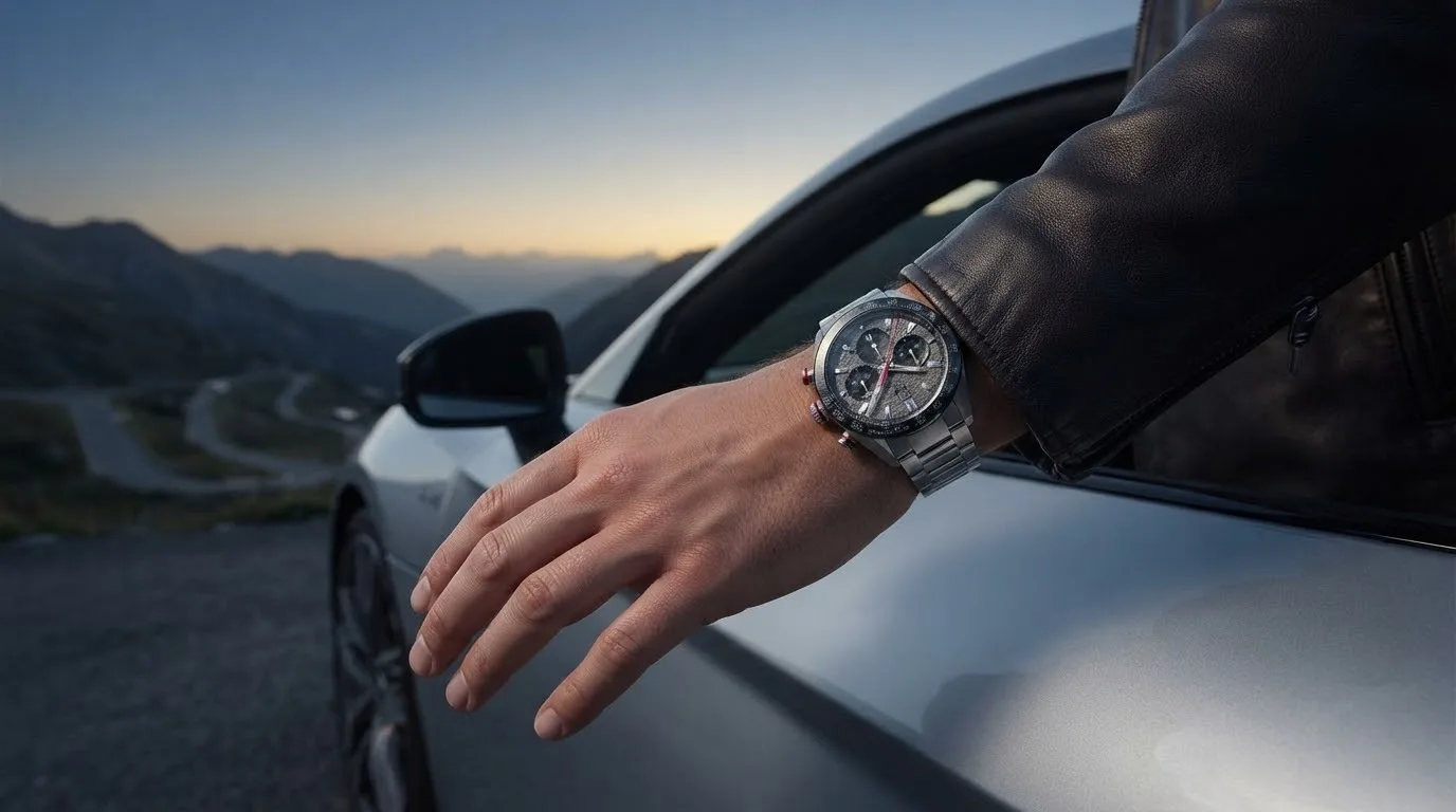 Illustrative render — buying it on amazon of the TAG Heuer Carrera Chronograph x Porsche 44mm CBN2A1F.BA0643 (steel, grey asphalt dial, steel bracelet, TH20-00)