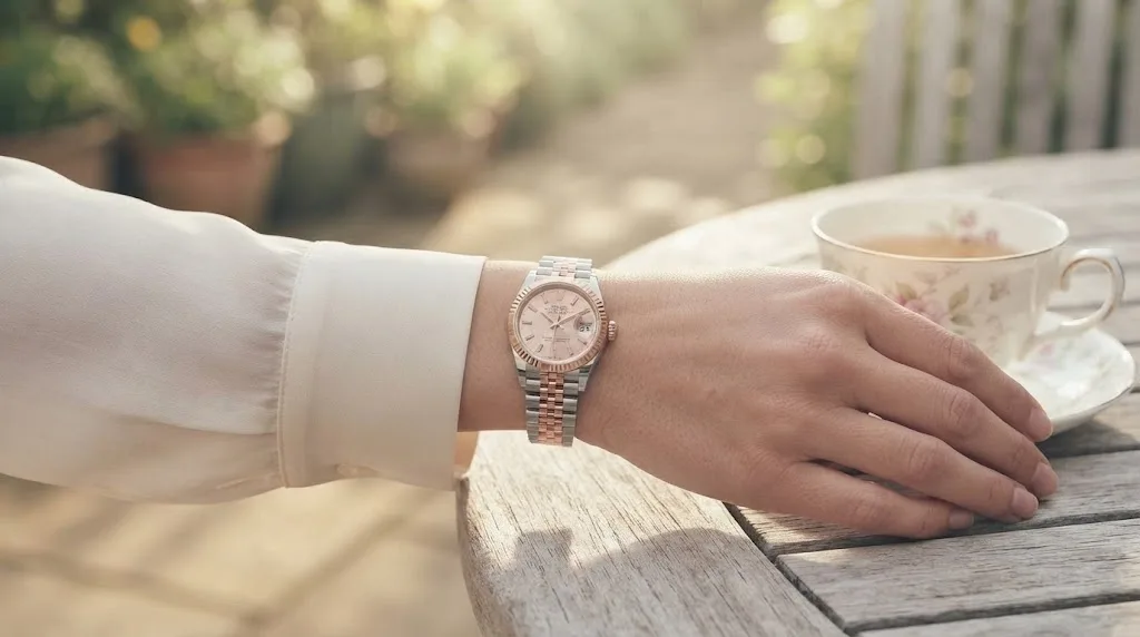 Illustrative render — buying it on amazon of the Rolex Lady-Datejust 26 ref. 179171 (steel and 18k Everose gold, pink dial, fluted bezel, Jubilee bracelet, pre-owned)