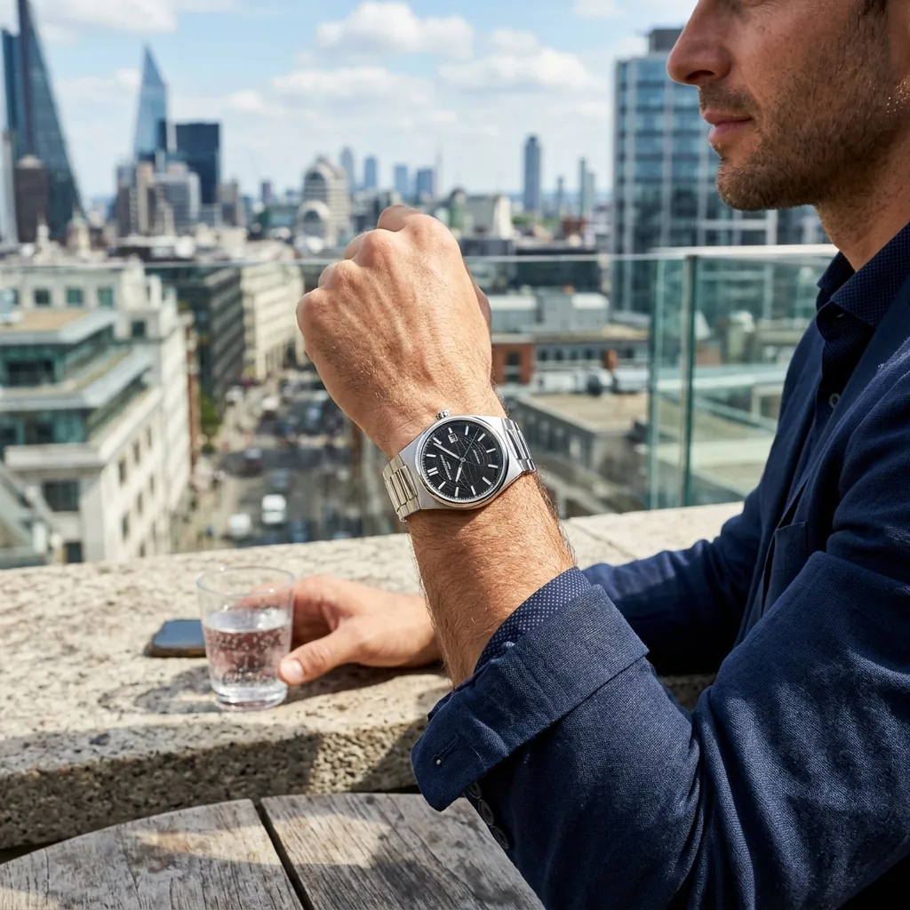 Frederique Constant Highlife on wrist rooftop