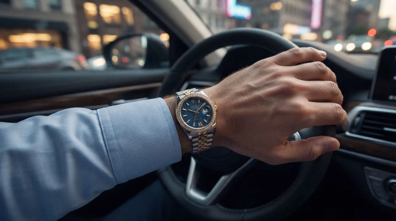 Illustrative render — buying it on amazon of the Rolex Datejust 36 ref. 116243 (steel and 18k yellow gold, diamond-set bezel, blue wave dial with diamond 6 and 9, Jubilee bracelet, box and papers, pre-owned)
