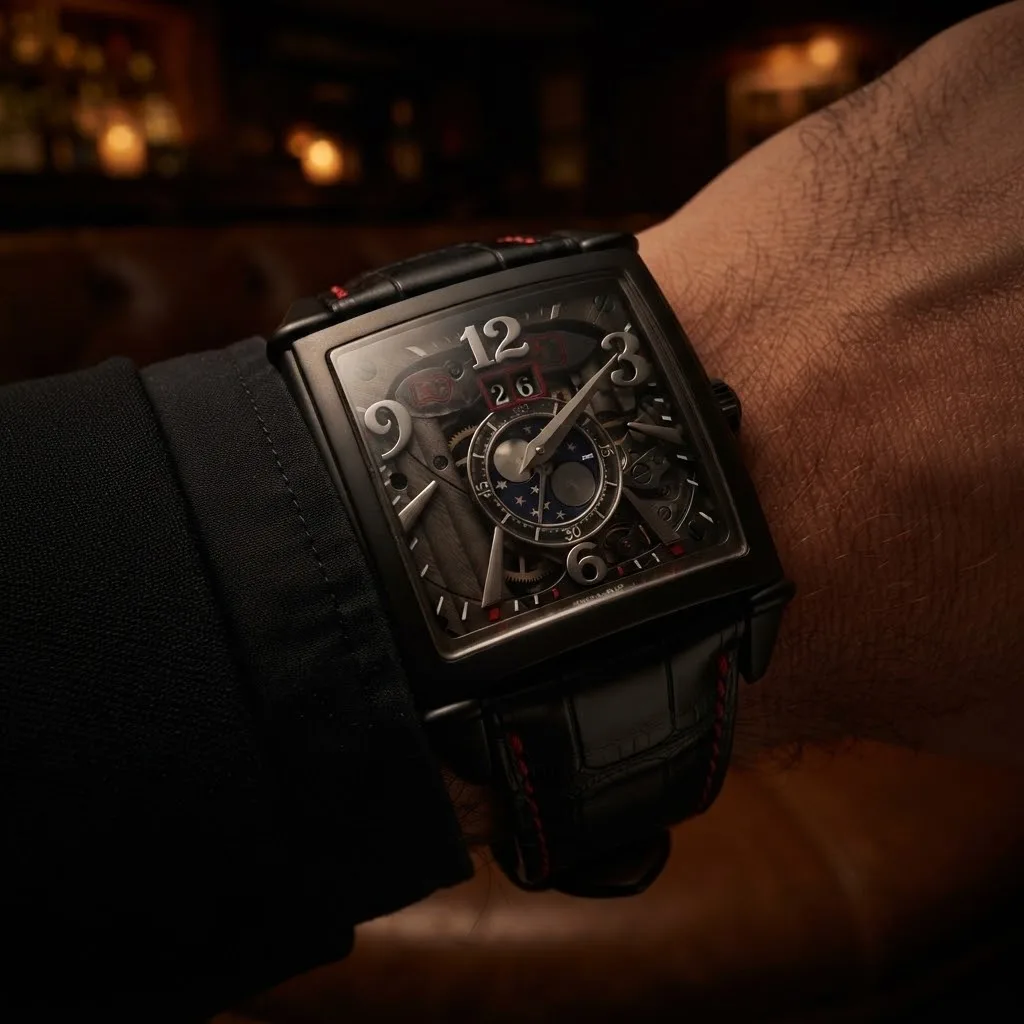Illustrative render — buying it on amazon of the Girard-Perregaux Vintage 1945 XXL Large Date Moon Phases skeleton 25882-21-223-BF6A (black DLC steel, smoked openworked dial, alligator strap)