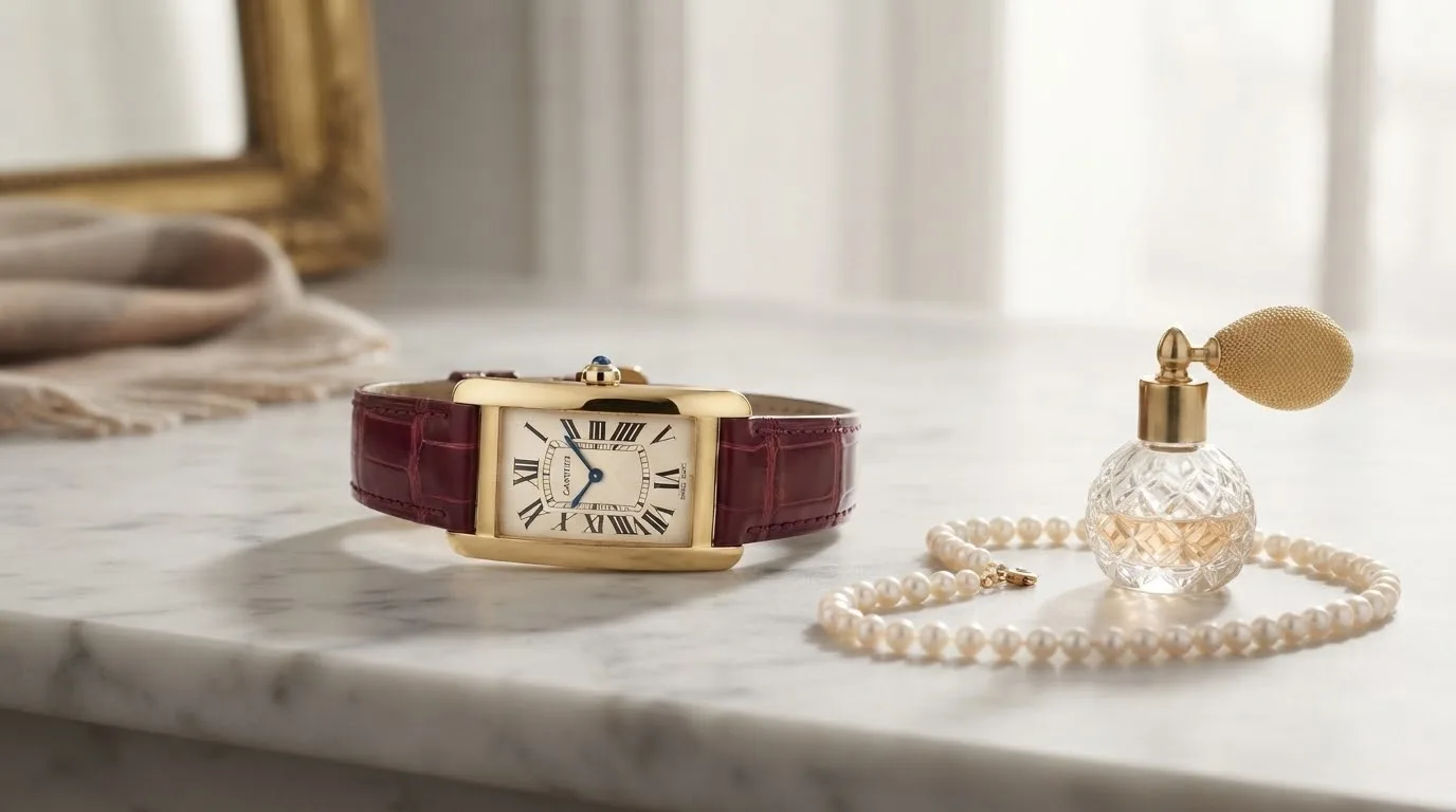 Illustrative render — buying it pre-owned on amazon of the Cartier Tank Américaine small model (18k yellow gold)